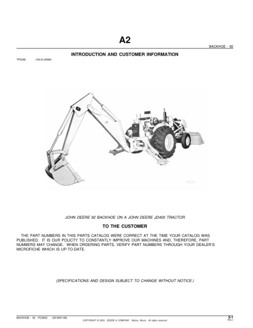 John Deere 92 Attachments (SN 92 Backhoe Attachment on a JD400 Tractor) Parts Catalog Manual - PC932