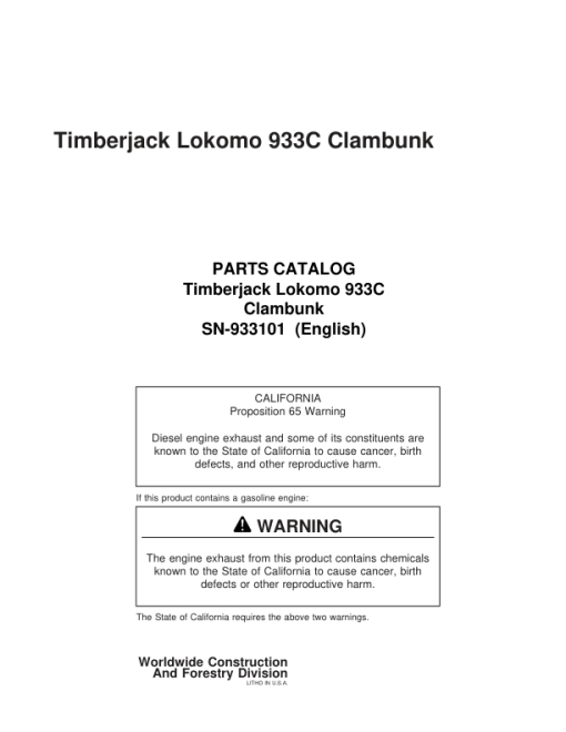 Timberjack Lokomo 933, 933C Clambunk (SN 933101 – 933122) Parts Catalog Manual - PC933101