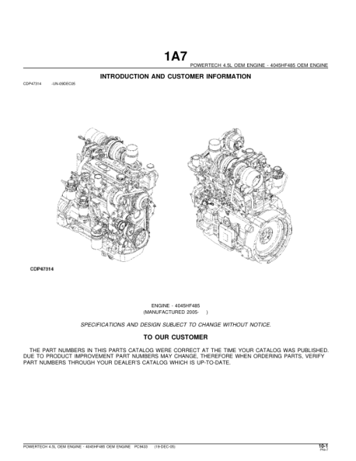 John Deere 4.5L, 4045HF485 Engines Parts Catalog Manual - PC9433 - Image 4