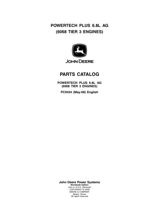 John Deere 6.8L, 6068 Engines Tier 3 Parts Catalog Manual - PC9434