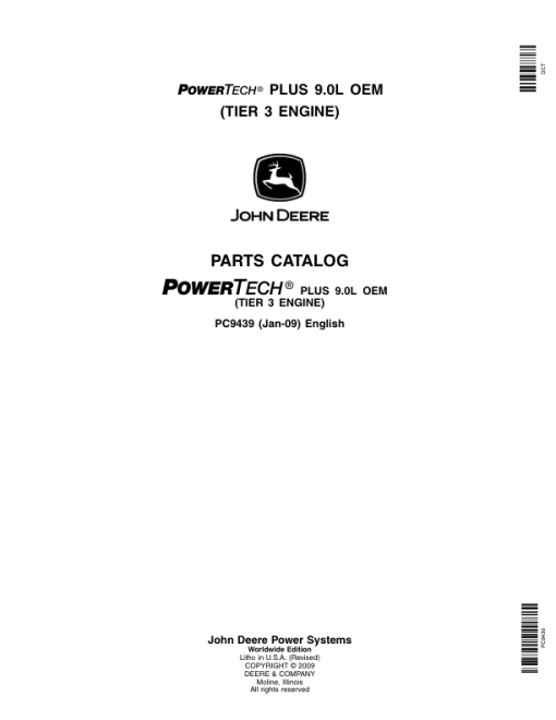 John Deere 9.0L, 6090 Engines TIER 3 - 6090HF485 Parts Catalog Manual - PC9439