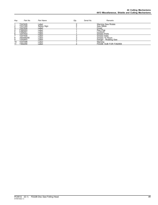 John Deere FD22B Dtt Disc Saw Felling Heads Parts Catalog Manual - PC9512 - Image 4