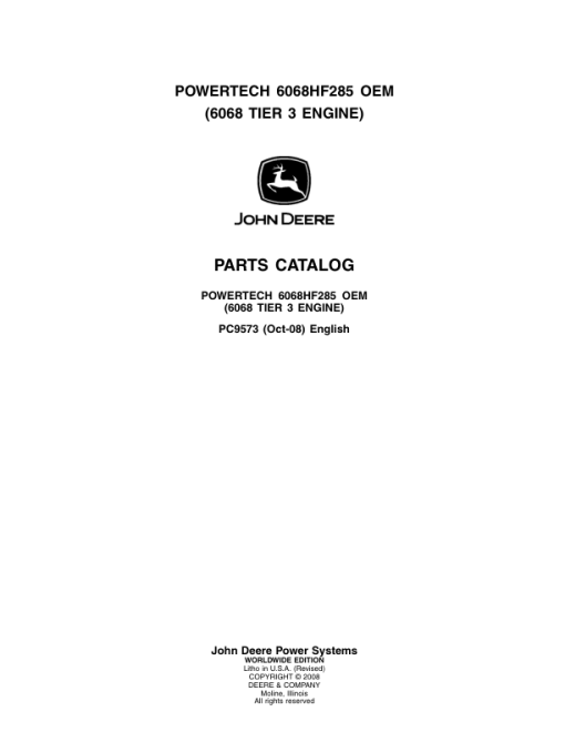 John Deere 6.8L, 6068HF285 Engines Parts Catalog Manual - PC9573