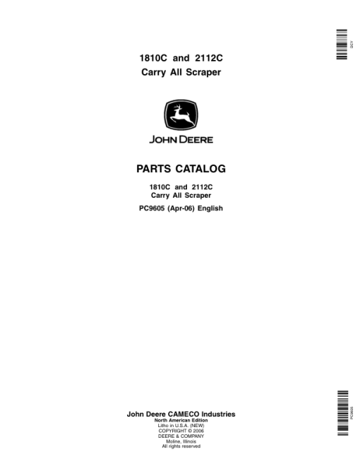 John Deere 1810C, 2112C Scrapers Parts Catalog Manual - PC9605