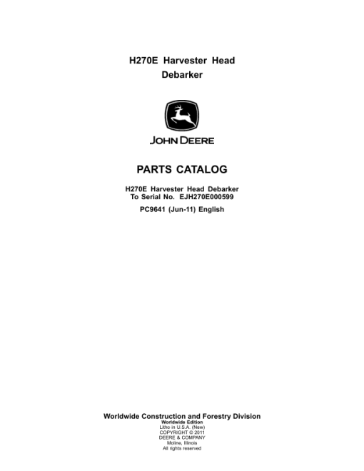 John Deere H270E Harvesting Heads (SN EJH270E000599) Parts Catalog Manual - PC9641