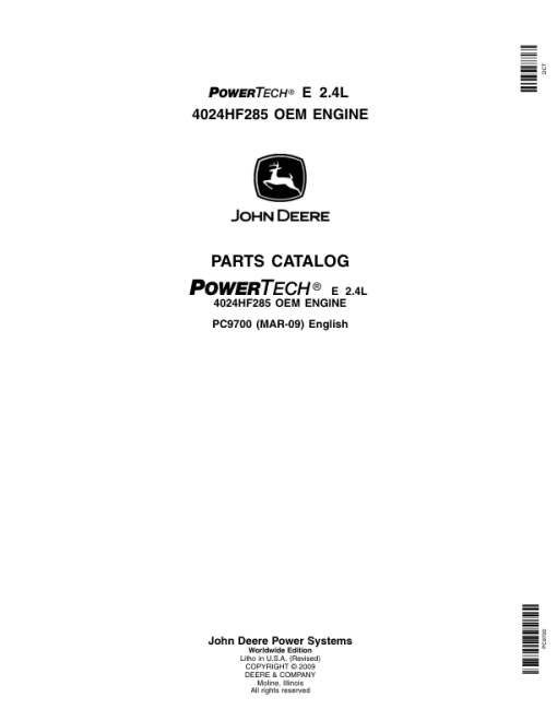 John Deere 2.4L, 4024HF285 Engines Parts Catalog Manual - PC9700