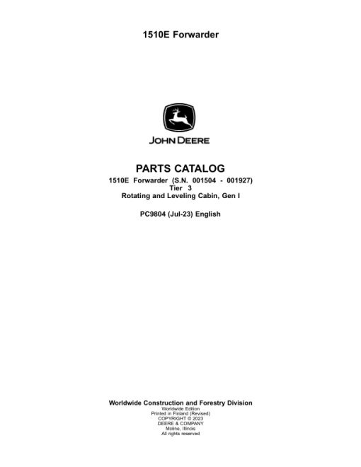 John Deere 1510E Forwarders (SN 001504 - 001927) Parts Catalog Manual - PC9804