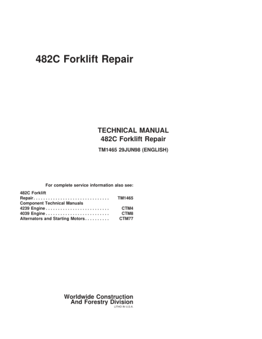 John Deere 482C Forklift Repair Technical Manual (TM1465)