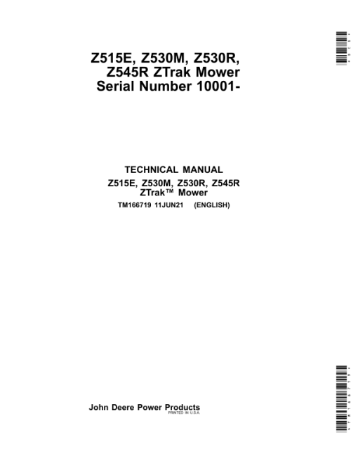 John Deere Z515E, Z530M, Z530R, Z545R ZTrak Mower Repair Manual (TM166719)