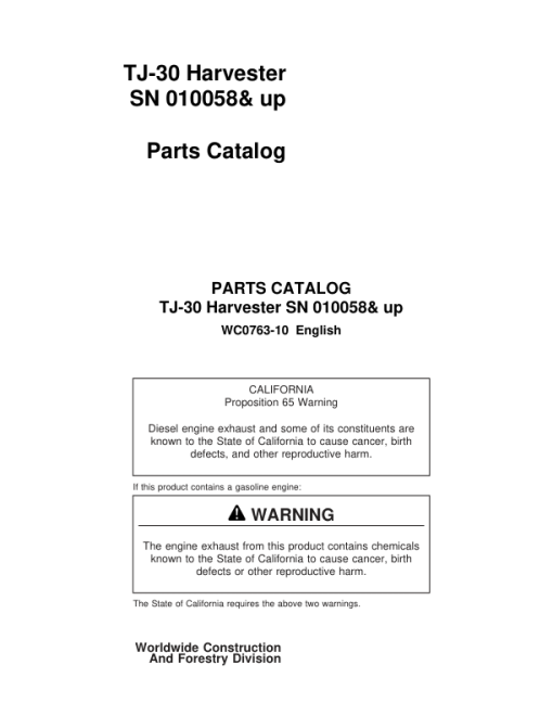 Timberjack TJ30 Harvester (SN 010058 & UP) Parts Catalog Manual