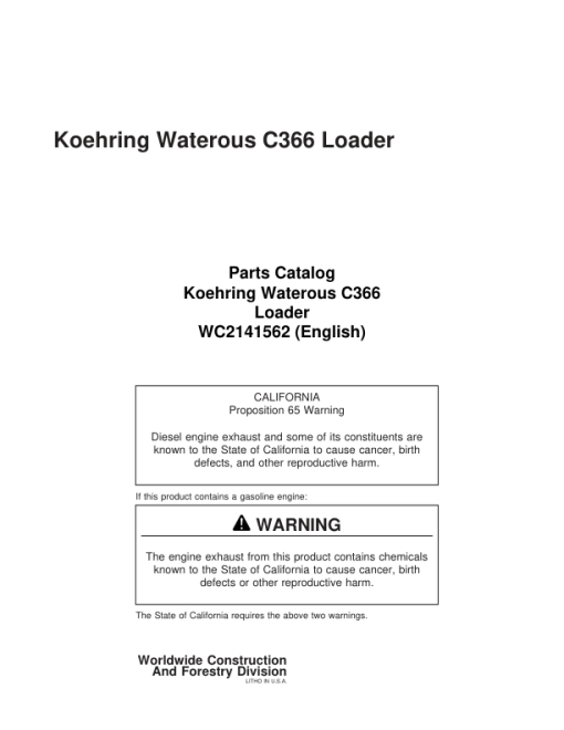 Koehring Waterous C366 Knuckleboom Loader Parts Catalog Manual