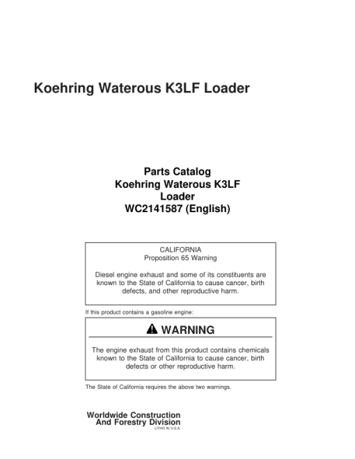 Koehring Waterous K3LF Knuckleboom Loader Parts Catalog Manual