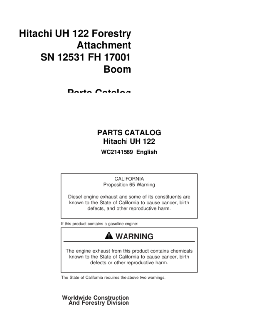 Hitachi UH 122 Attachments (SN 12531- & FH 17001 Boom) Parts Catalog Manual - WC2141589