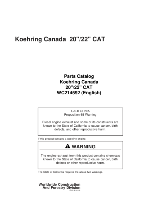 Koehring 20 Inch, 22 Inch (CAT 227, 225, 225.5, 235, 221) Felling Heads (SN 12531-12751-121101) Parts Catalog Manual