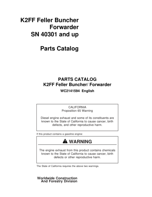 Koehring K2FF Forwarders (SN 40301 and Up) Parts Catalog Manual - WC2141594