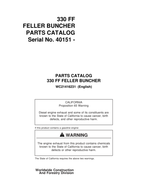 John Deere 330FF Forwarders (SN 40151-) Parts Catalog Manual - WC21416231