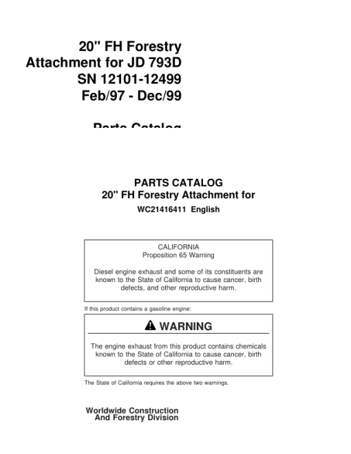 Koehring 20 Inch (JD 793D) (SN 12101-12499) Felling Heads Parts Catalog Manual - WC21416411