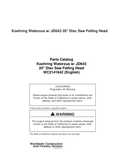 Koehring 20 Inch (JD643) Felling Heads (SN 12101 – 12499 & 62001 –) Parts Catalog Manual