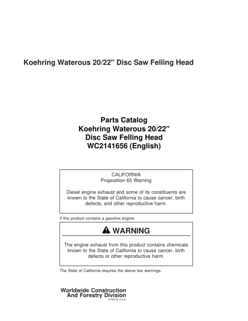 Koehring 20 Inch, 22 Inch (CAT. 227 - 180hp) Felling Heads Parts Catalog Manual - WC2141656