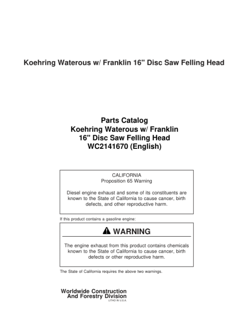 Koehring 16 Inch (Franklin 5002) Felling Heads (SN 68004-) Parts Catalog Manual - WC2141670