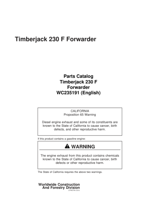 Timberjack 230F Forwarders Parts Catalog Manual - WC235191