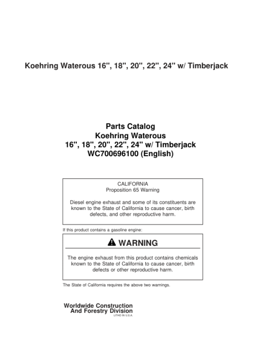 Koehring 16 Inch, 18 Inch, 20 Inch, 22 Inch, 24 Inch (Timberjack 600, 2500, 2600 SERIES) Felling Heads Parts Catalog Manual