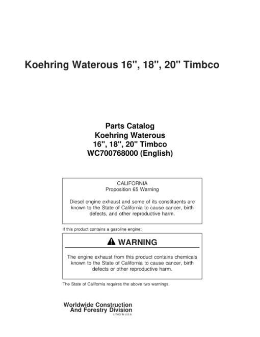 Koehring 16 Inch, 18 Inch, 20 Inch (Timbco T400) Felling Heads Parts Catalog Manual