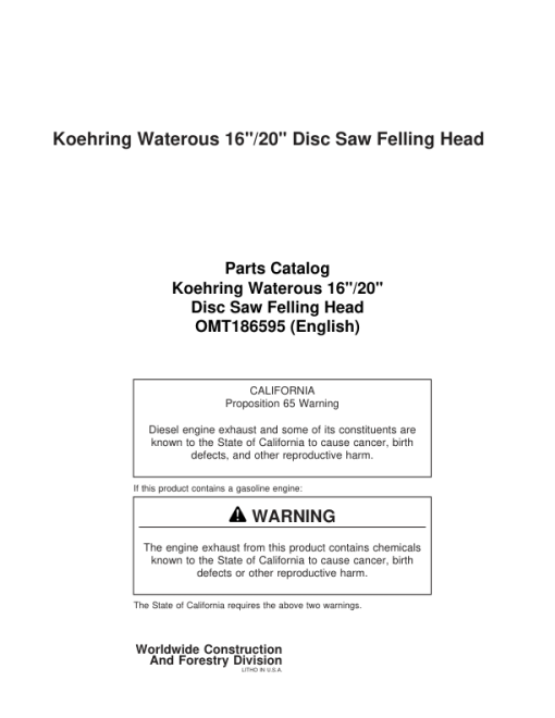 Koehring 16 Inch, 20 Inch  (JD643D) Felling Heads (SN 68004 – & 62271 –) Parts Catalog Manual