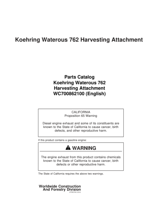 Koehring Waterous 762A Harvesting Heads Parts Catalog Manual