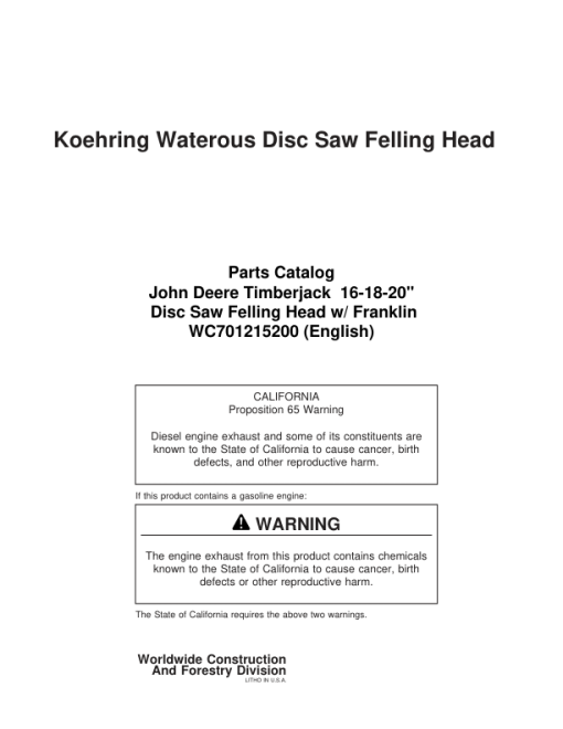 Koehring 16 Inch, 18 Inch, 20 Inch (Franklin Machine) Felling Heads Parts Catalog Manual