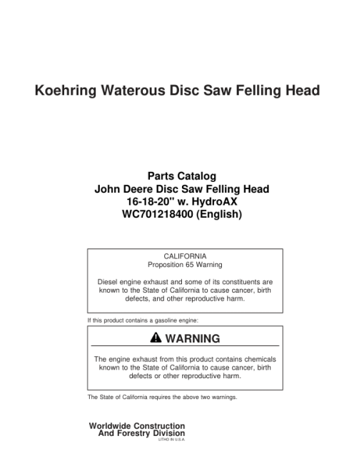 Koehring 16 Inch, 18 Inch, 20 Inch (Hydro-Ax) Felling Heads Parts Catalog Manual