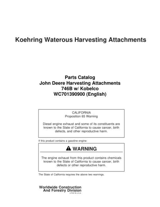 Koehring 746B (Kobelco) Felling Heads (SN 1305-1327 & 0012-0508) Parts Catalog Manual - WC701390900