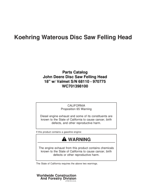 Koehring 18 Inch (Valmet) Felling Heads (SN 68110 – 970775) Parts Catalog Manual