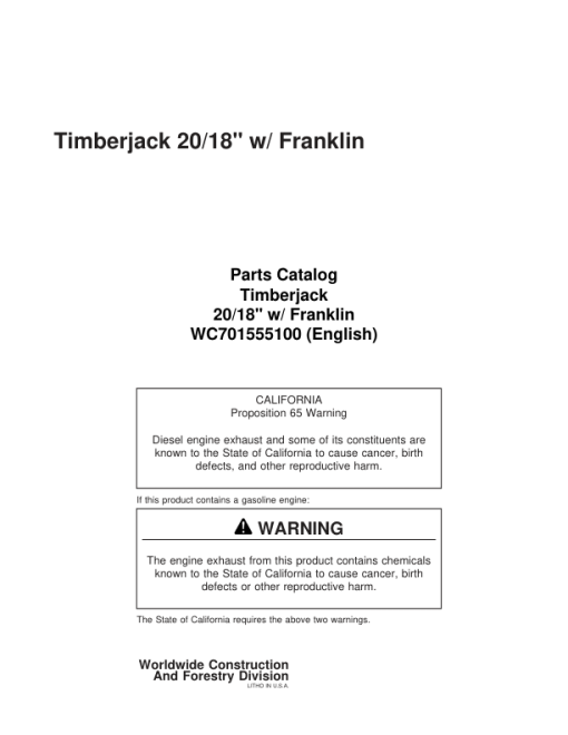 Koehring 18 Inch, 20 Inch (Franklin 5002) Felling Heads (64150 to 970775) Parts Catalog Manual - WC701555100