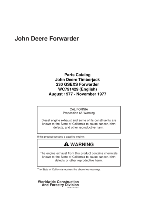 John Deere Timberjack 230 Forwarders (SN 790513-791462) Parts Catalog Manual - WC791429