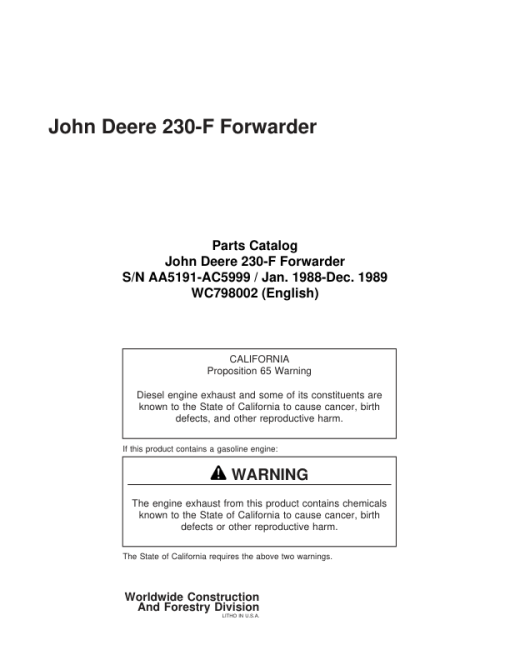 John Deere 230 Forwarders (SN AA5191-AC5999) Parts Catalog Manual - WC798002