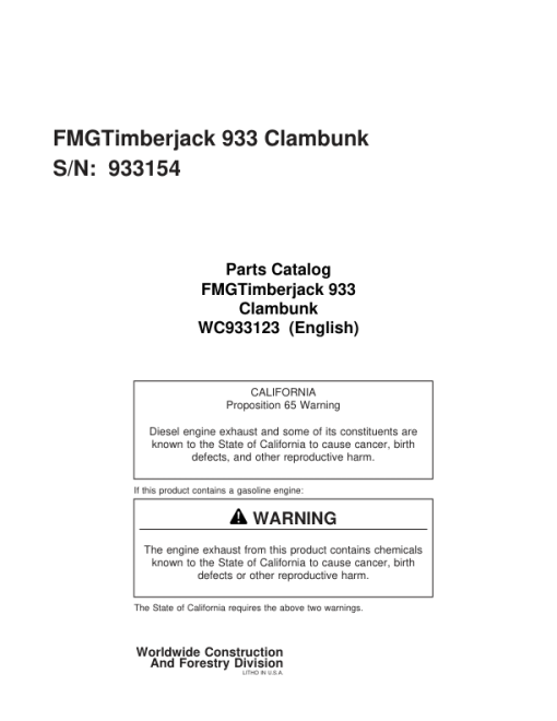 Timberjack 933, 933C Clambunk (SN 933123–933154) Parts Catalog Manual - WC933123