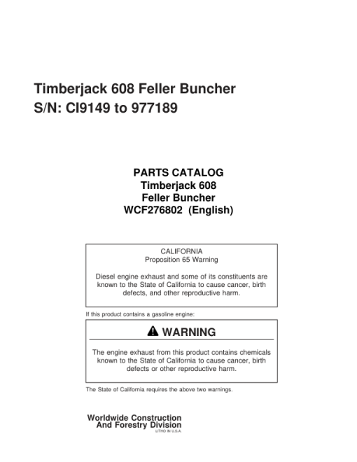 Timberjack 608 Tracked Feller Bunchers (SN CI9149–CE9999 & 960000–977189) Parts Catalog Manual - WCF276802