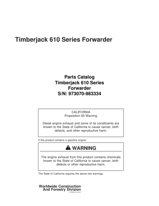 Timberjack 610 Forwarders (SN 973070 - 983334) Parts Catalog Manual - WCF285633