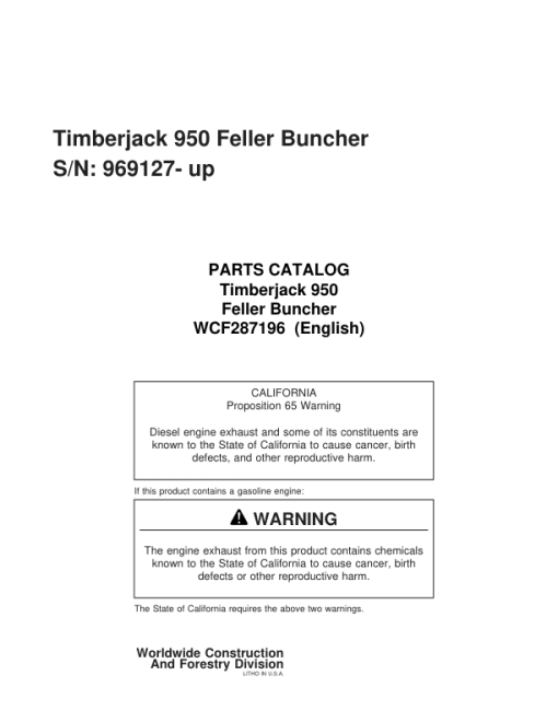 Timberjack 950 Tracked Feller Bunchers (SN 969127-10BA1293) Parts Catalog Manual - WCF287196