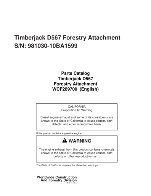 Timberjack D567 Dtt Disc Saw Felling Heads (SN 981030-10BA1599) Parts Catalog Manual