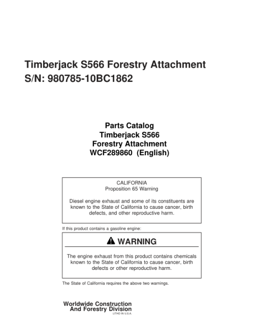 Timberjack S566, S566 Felling Heads (SN 980785-10BC1862) Parts Catalog Manual - WCF289860