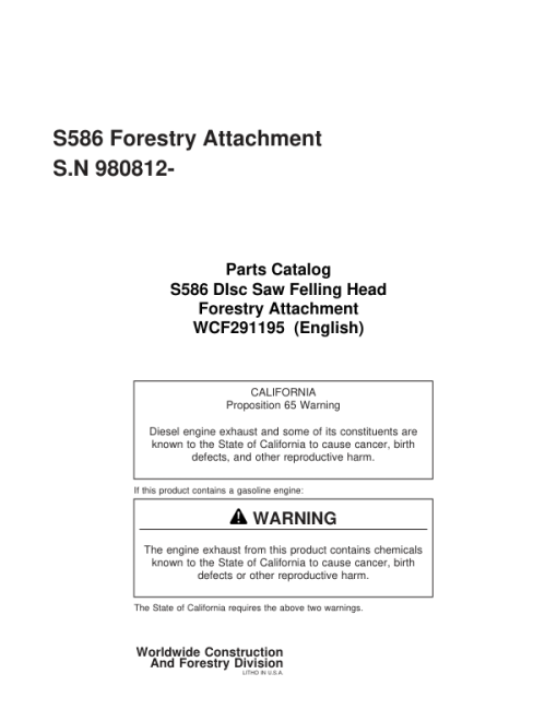 Timberjack S586 Felling Heads (SN 980812-) Parts Catalog Manual - WCF291195