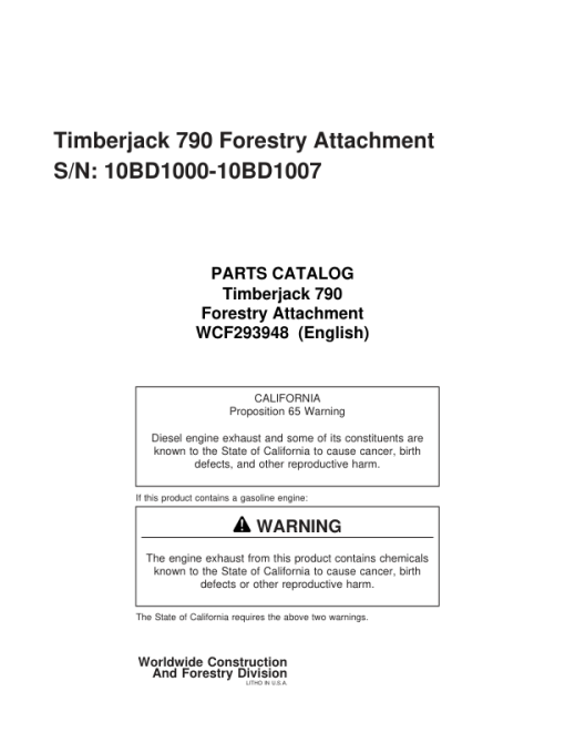 John Deere 790 Attachments (SN 10BD1000-10BD1006) Parts Catalog Manual - WCF293948