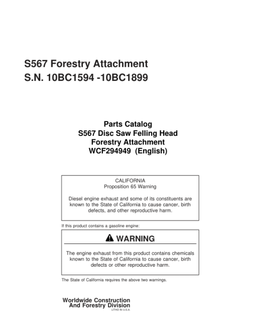 Timberjack S567 Stt Disc Saw Felling Heads (SN 10BC1594-10BC1899) Parts Catalog Manual - WCF294949