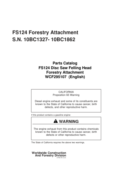 Timberjack  FS124 Stt Disc Saw Felling Heads (SN 10BC1327-10BC1862) Parts Catalog Manual - WCF295107