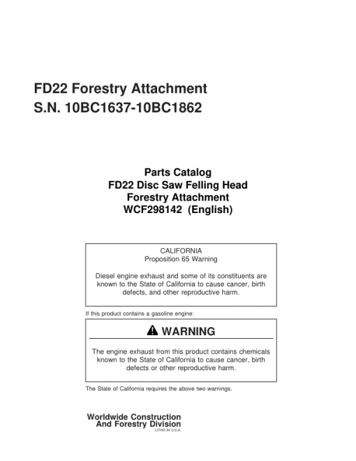 Timberjack  FS122B Stt Disc Saw Felling Heads (SN 10BC1637-10BC1862) Parts Catalog Manual - WCF298142