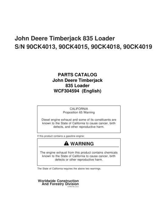 John Deere Timberjack 835 Knuckleboom Loader (SN 90CK4013, 90CK4015, 90CK4018, 90CK4019) Parts Catalog Manual