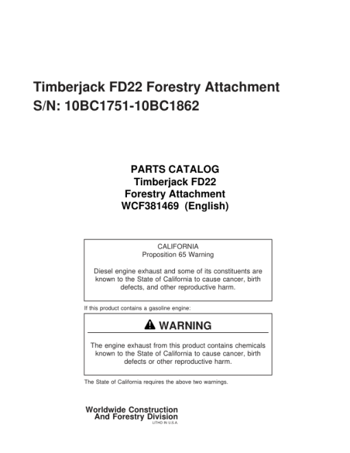 Timberjack FD22 Felling Heads (SN 10BC1751-10BC1862) Parts Catalog Manual - WCF381469