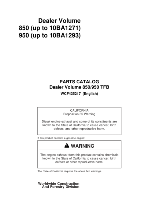 John Deere 850, 950 Tracked Feller Bunchers (SN 969125 - 10BA127& 1969125 - 10BA1293) Parts Catalog Manual